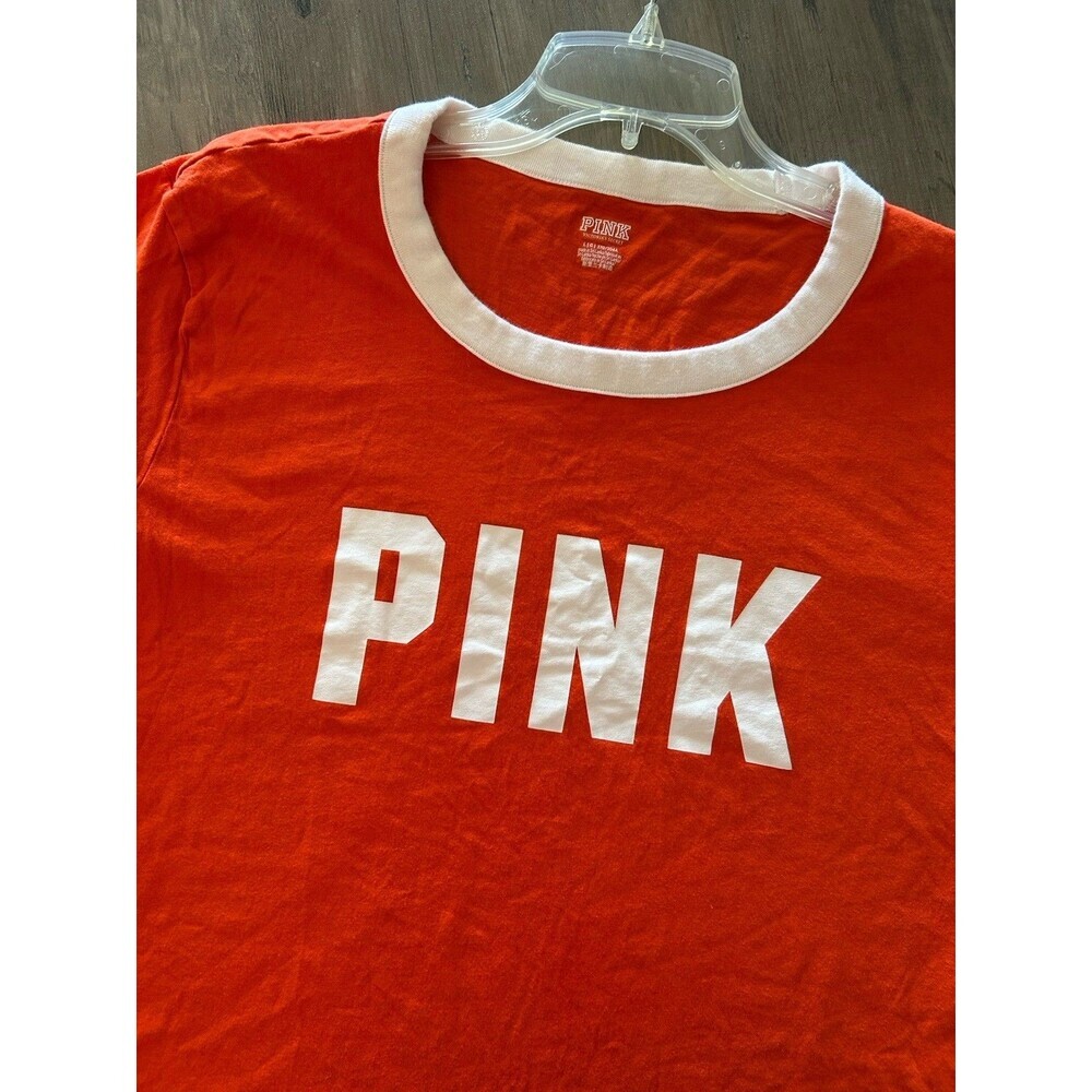 PINK VICTORIA'S SECRET COTTON SHORT SLEEVE CAMPUS RINGER T-SHIRT Size Large